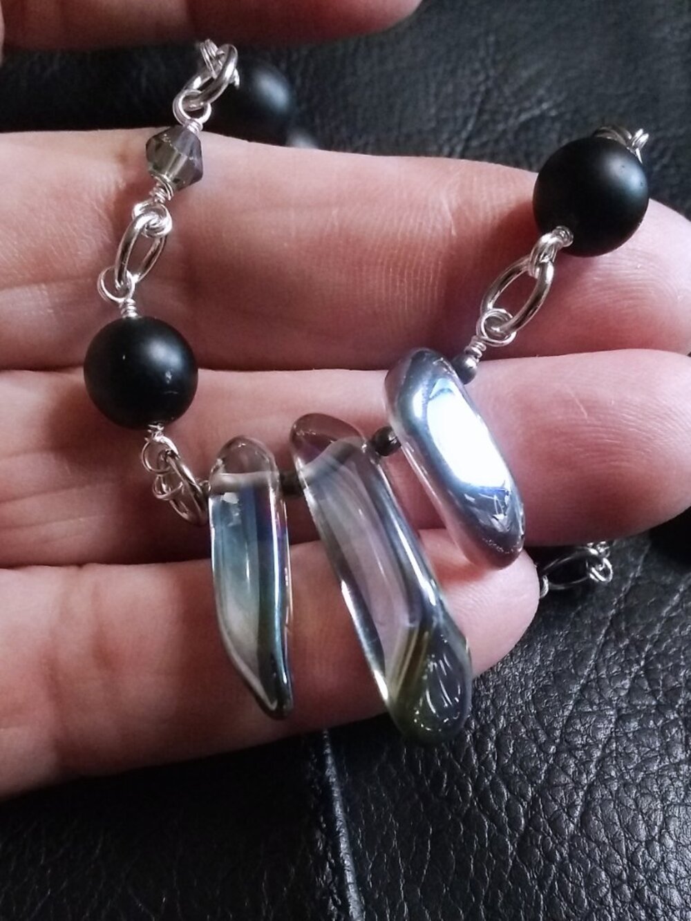 Handmade! Electroplated Quartz + Black Stone Beads - Adjust. Necklace app. 22" - Picture 10 of 12